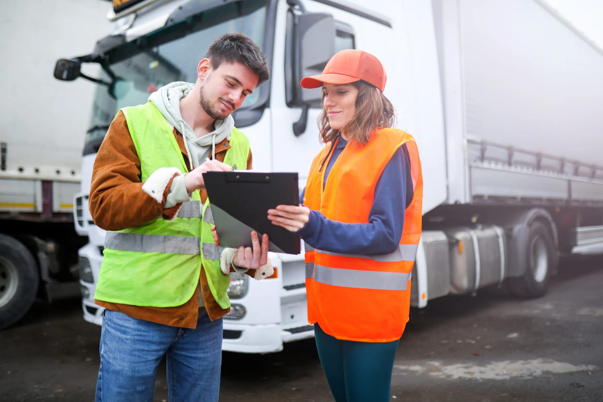 Fountain & Sons team members reviewing a delivery together in front of a truck